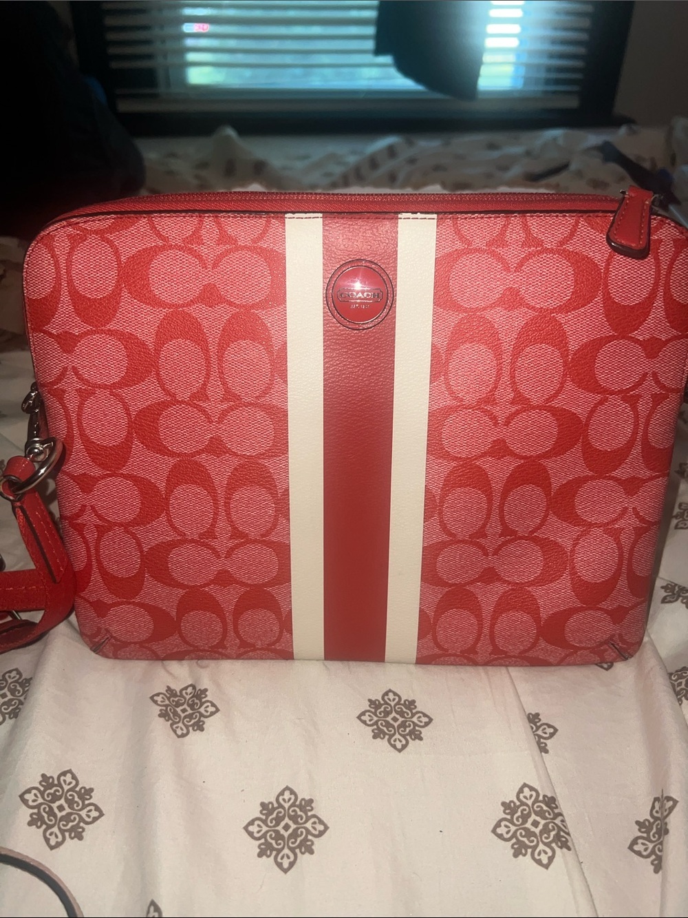Coach Red Signature Stripe Crossbody Bag with White Racing Stripes